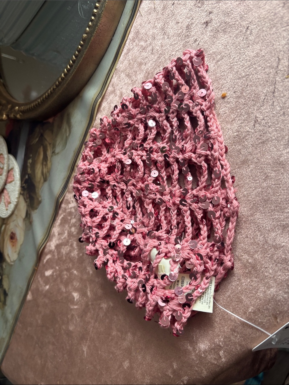 Free People Pink Sequin Crochet Beanie